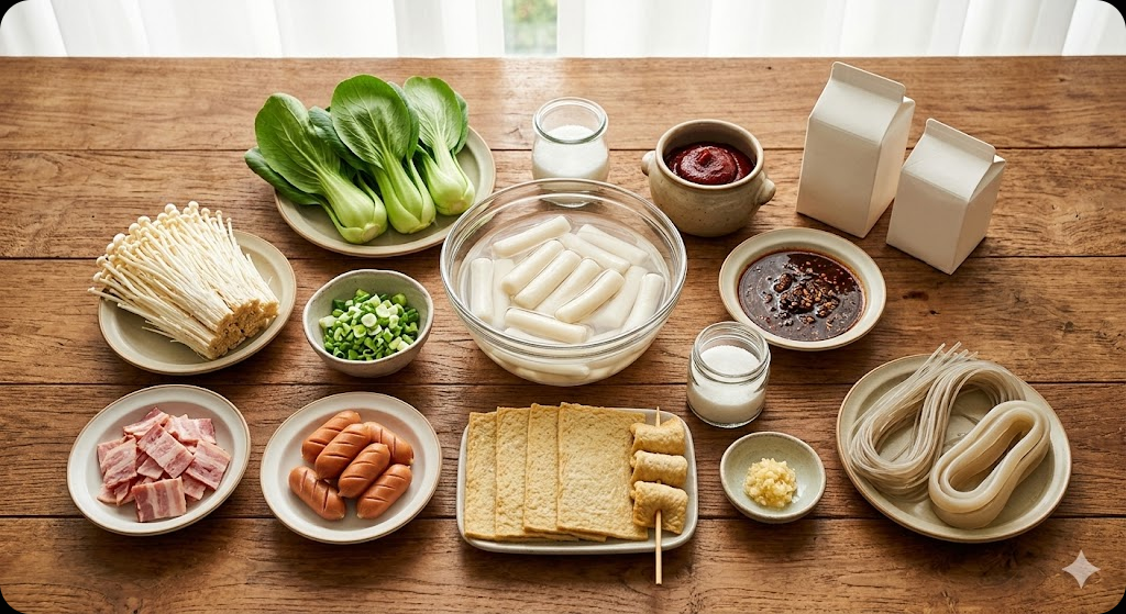 마라로제 떡볶이 만들기에 필요한 신선한 재료들