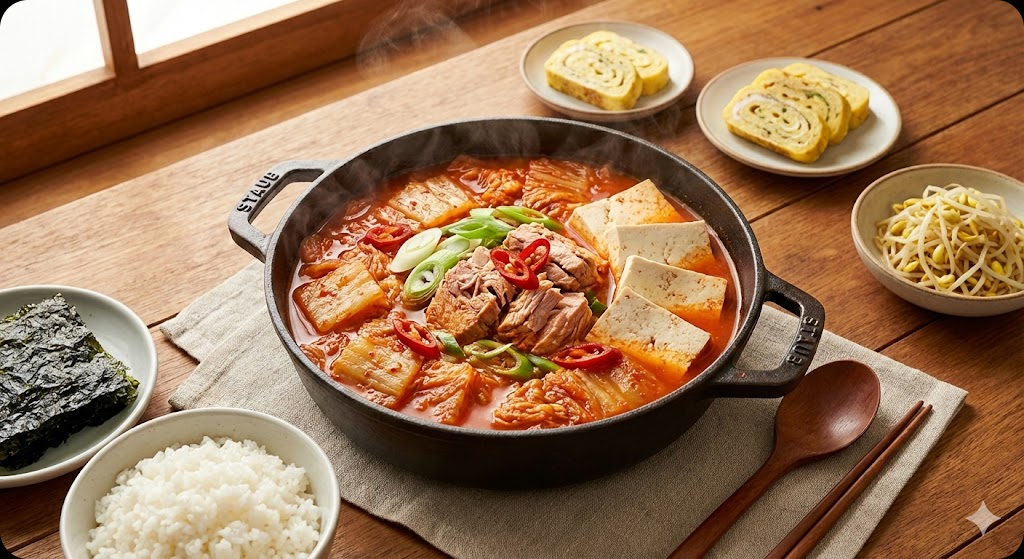 맛있게 완성되어 서빙된 백종원식 참치김치찌개