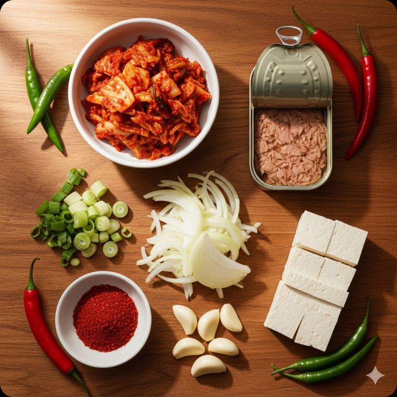 백종원식 참치김치찌개 만들기에 필요한 신선한 재료들