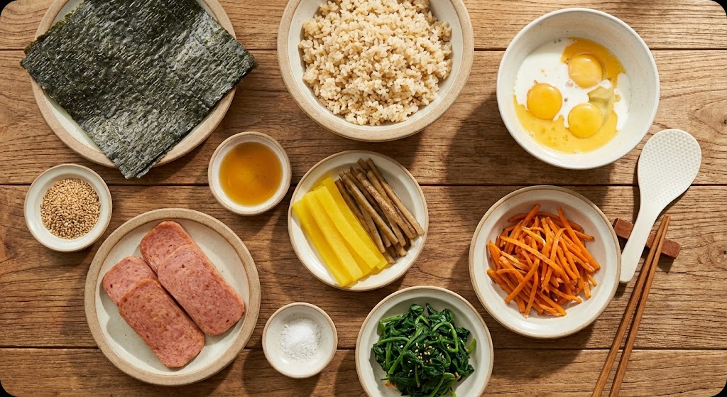 계란말이 김밥 만들기에 필요한 신선한 재료들