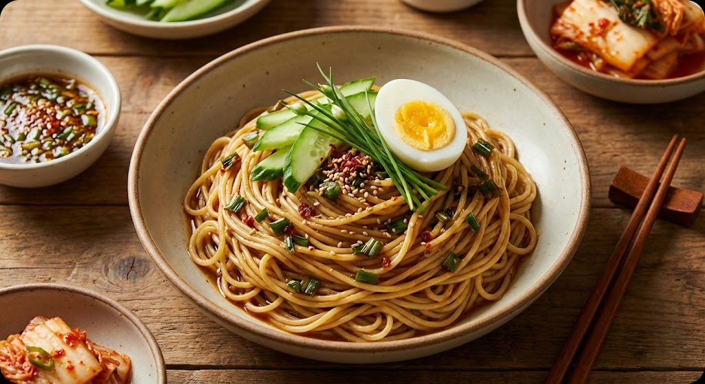 완성된 달래간장 비빔국수의 맛있는 모습