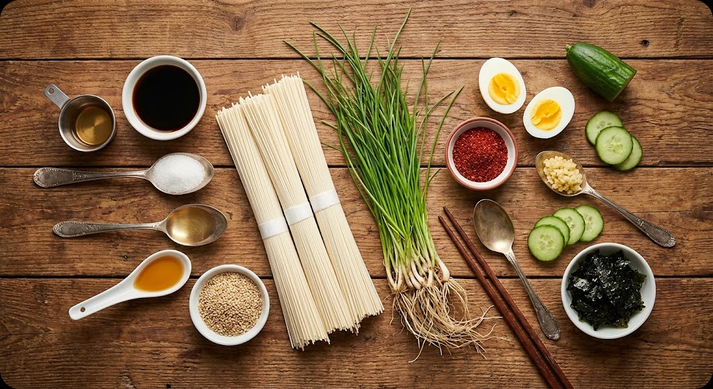 달래간장 비빔국수 만들기에 필요한 신선한 재료들