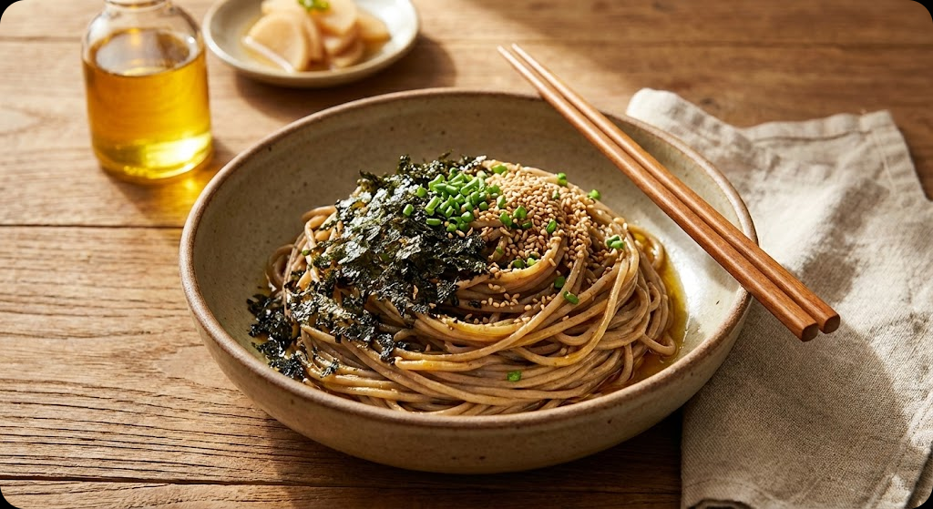 완성된 들기름 막국수의 맛있는 모습