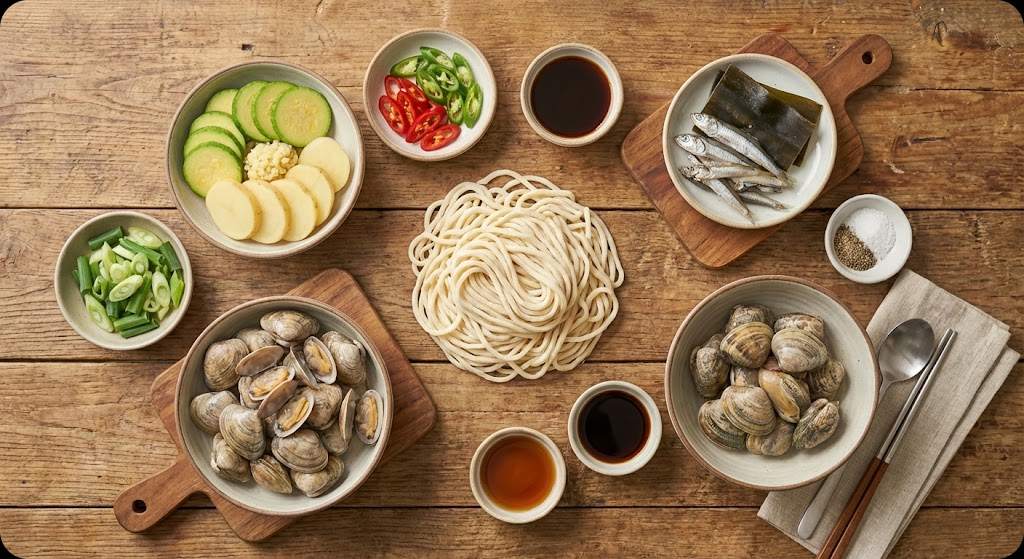바지락 칼국수 만들기에 필요한 신선한 재료들