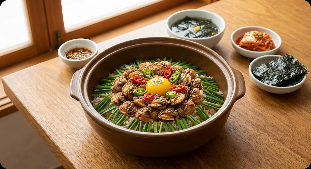 맛있게 완성되어 서빙된 꼬막 비빔밥