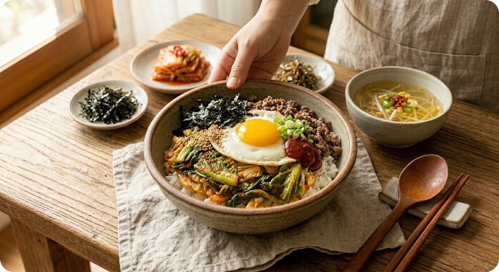 맛있게 완성되어 서빙된 봄동 비빔밥