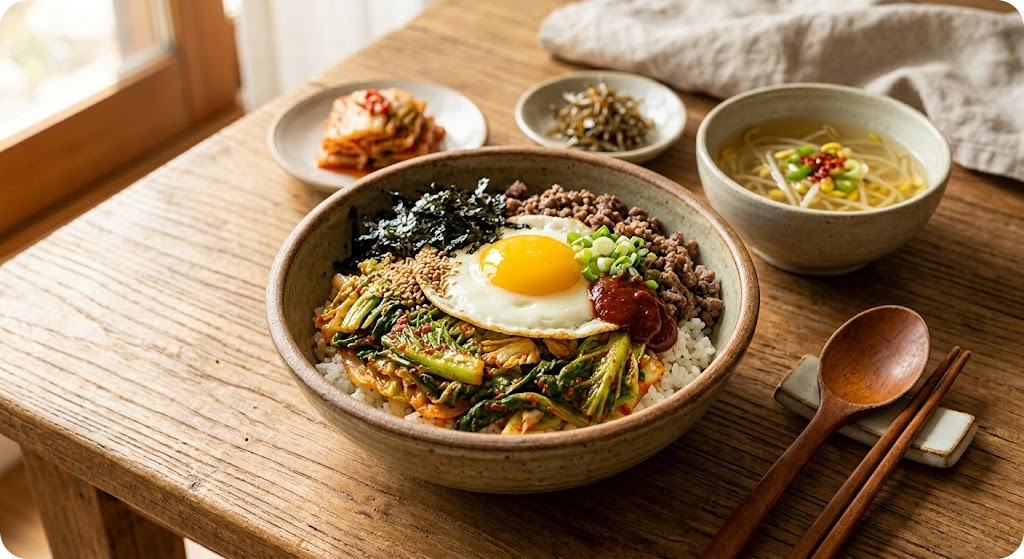 완성된 봄동 비빔밥의 맛있는 모습