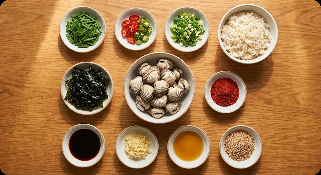 꼬막 비빔밥 만들기에 필요한 신선한 재료들