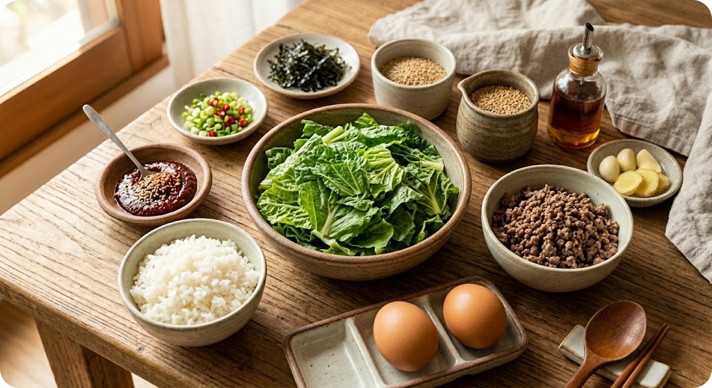 봄동 비빔밥 만들기에 필요한 신선한 재료들