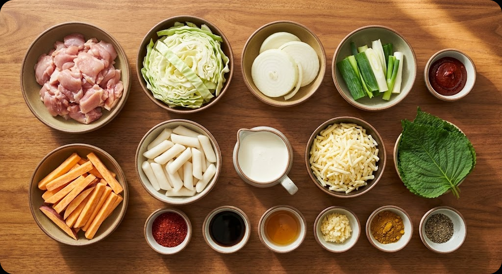 로제 닭갈비 만들기에 필요한 신선한 재료들