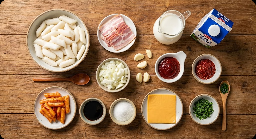 고추장 크림 떡볶이 만들기에 필요한 신선한 재료들