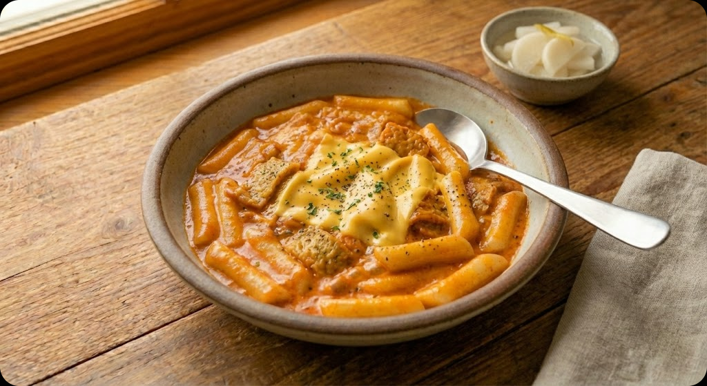 맛있게 완성되어 서빙된 고추장 크림떡볶이