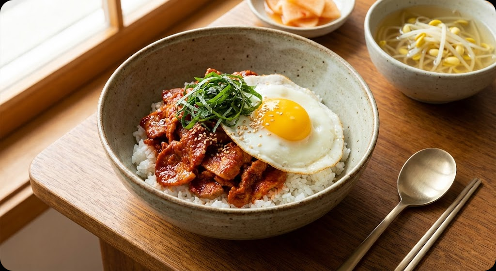 맛있게 완성되어 서빙된 고추장 불고기 덮밥