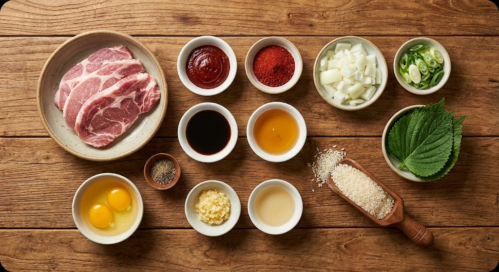 고추장 불고기 덮밥 만들기에 필요한 신선한 재료들