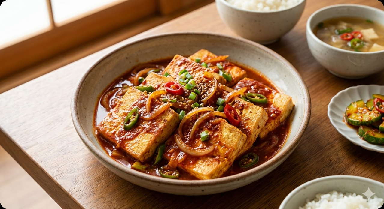 완성된 양념장이 참 맛있는 두부조림의 맛있는 모습