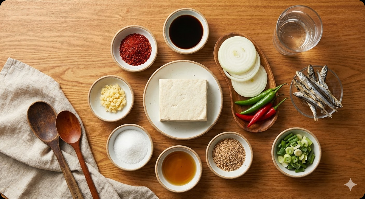 양념장이 참 맛있는 두부조림 만들기에 필요한 신선한 재료들