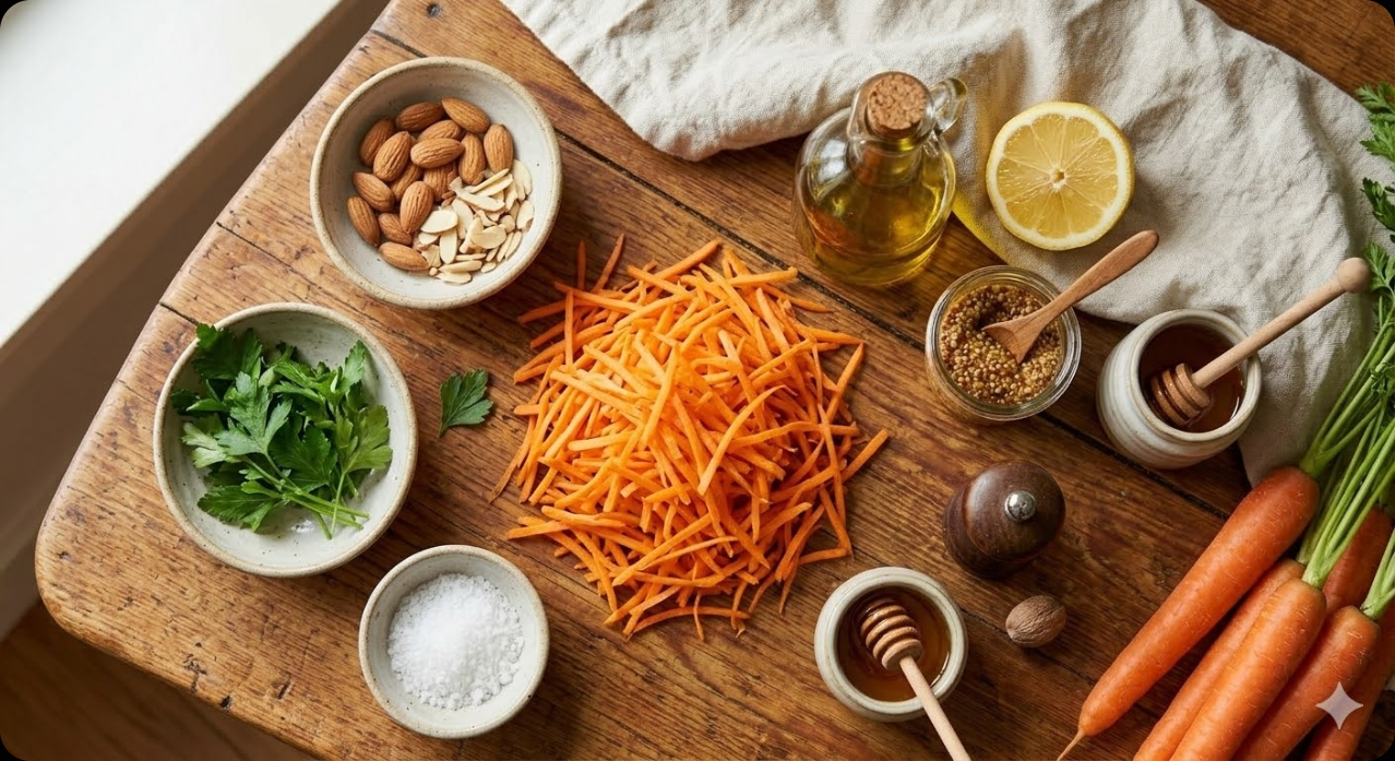 당근라페 (당근샐러드) 만들기에 필요한 신선한 재료들