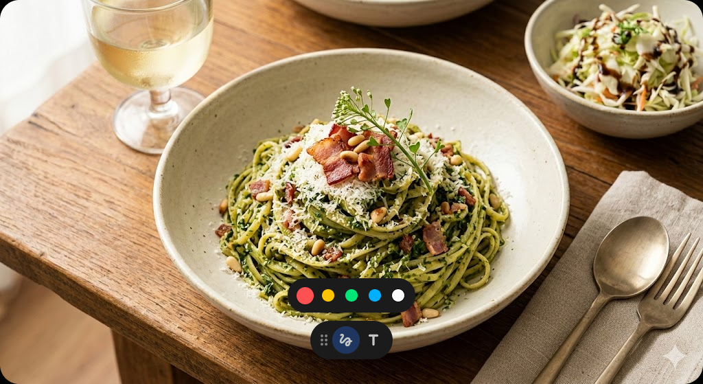 완성된 냉이 페스토 파스타의 맛있는 모습