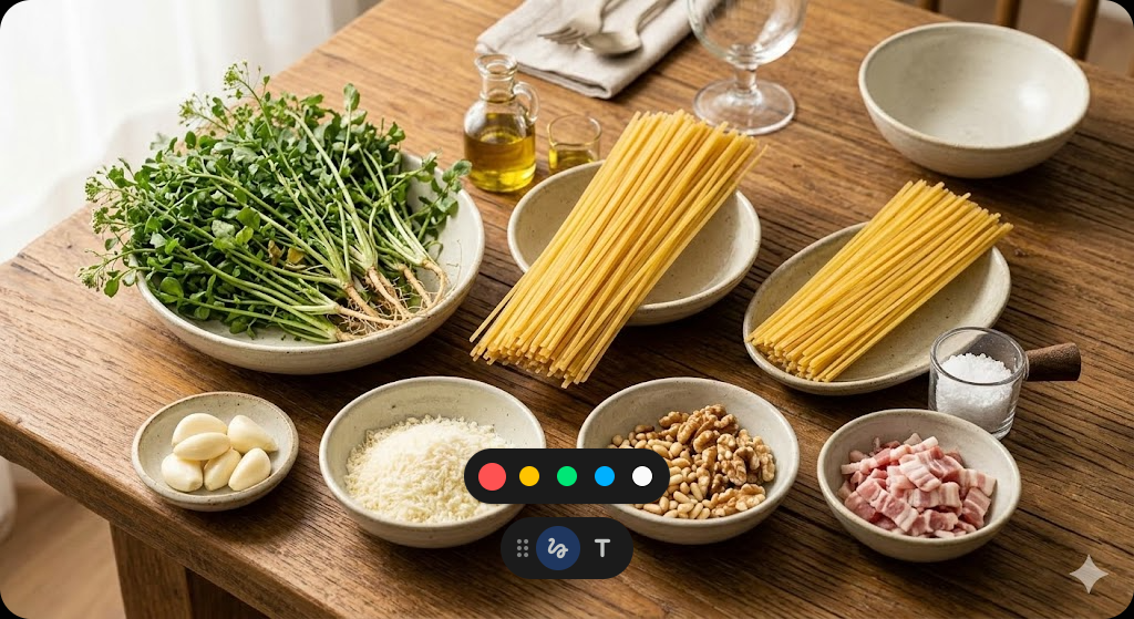 냉이 페스토 파스타 만들기에 필요한 신선한 재료들