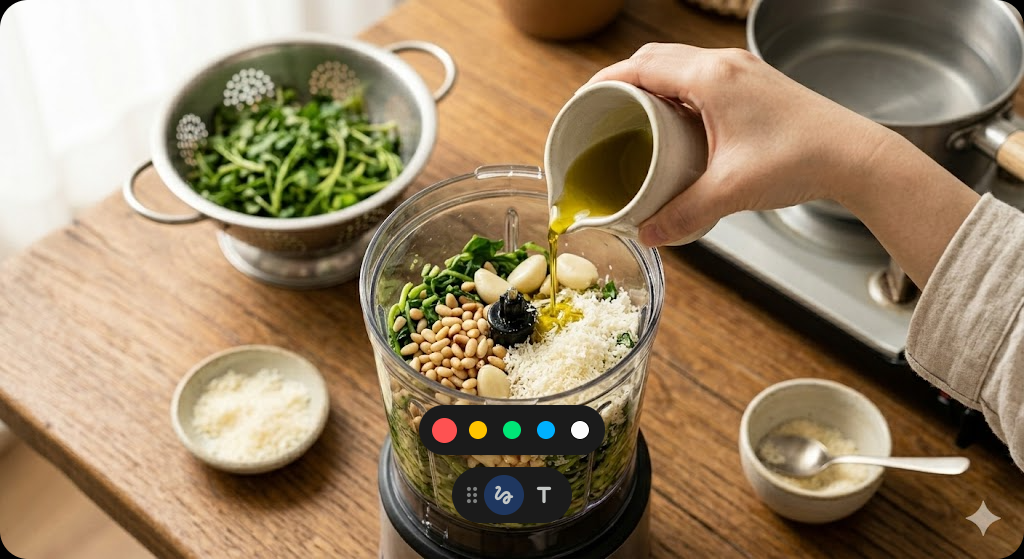 냉이 페스토 파스타 조리 과정 2단계