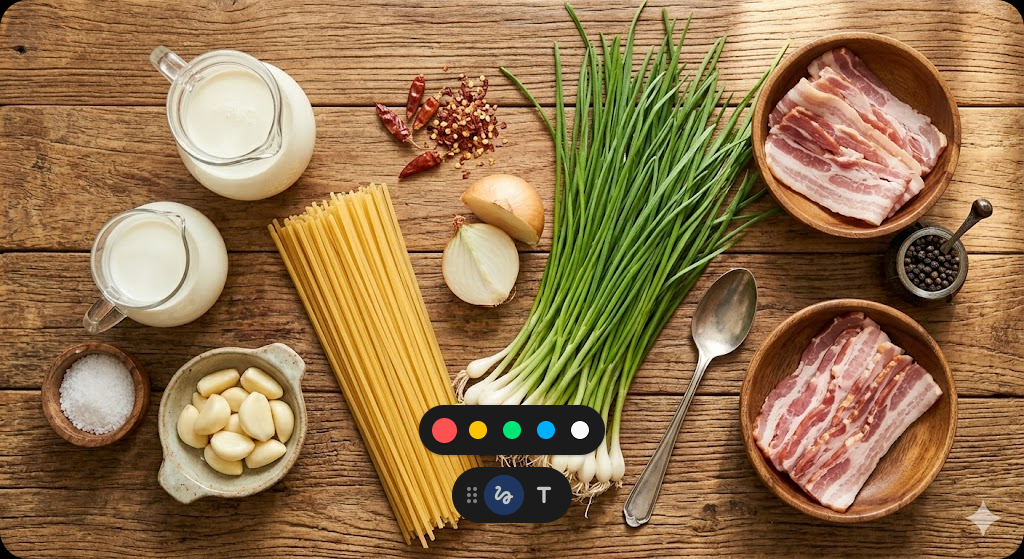 달래 크림파스타 만들기에 필요한 신선한 재료들