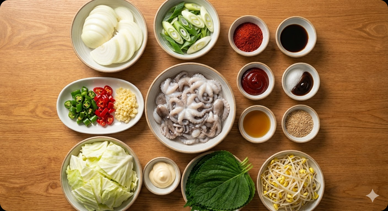 매콤한 쭈꾸미볶음 만들기에 필요한 신선한 재료들