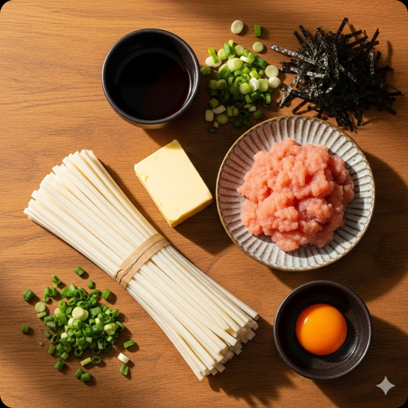 명란버터우동 만들기에 필요한 신선한 재료들