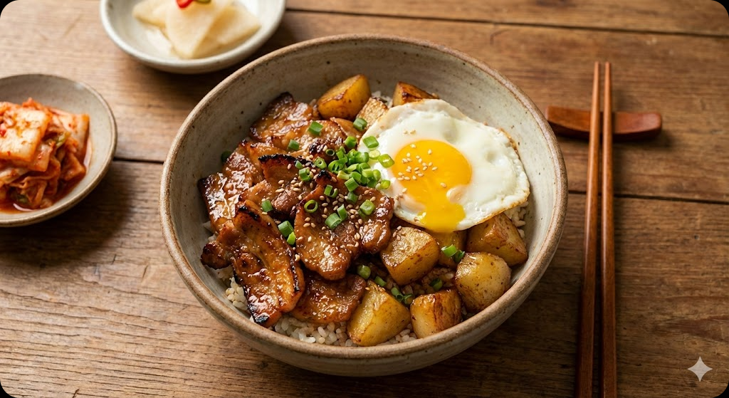 완성된 감자가득 짚불향 돼지덮밥의 맛있는 모습