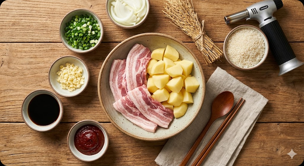 감자가득 짚불향 돼지덮밥 만들기에 필요한 신선한 재료들