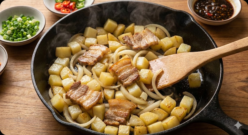 감자가득 짚불향 돼지덮밥 조리 과정 3단계