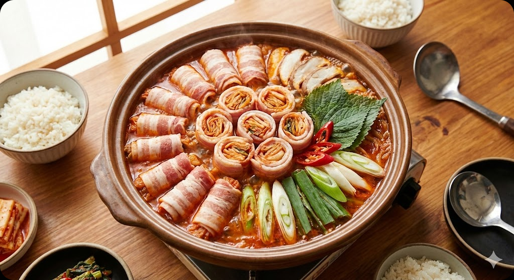완성된 대패삼겹 김치말이전골의 맛있는 모습