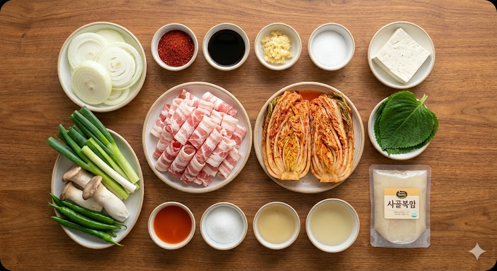 대패삼겹 김치말이전골 만들기에 필요한 신선한 재료들