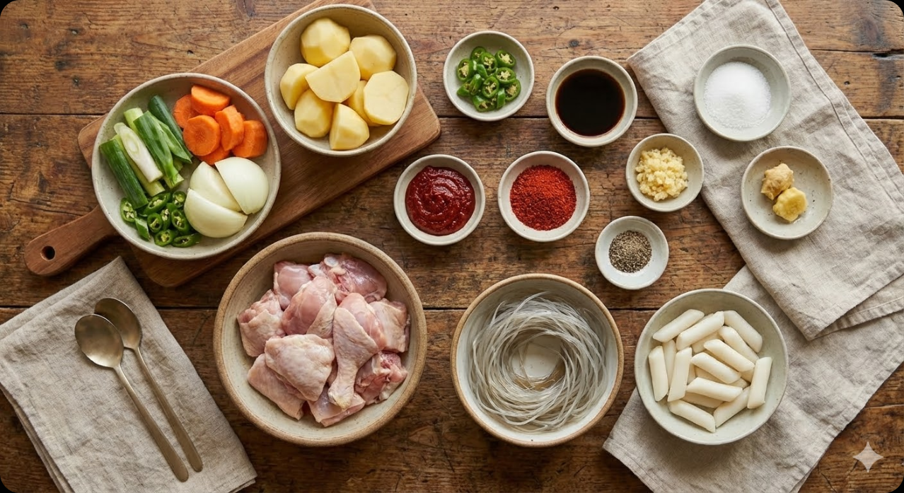 닭도리탕 만들기에 필요한 신선한 재료들