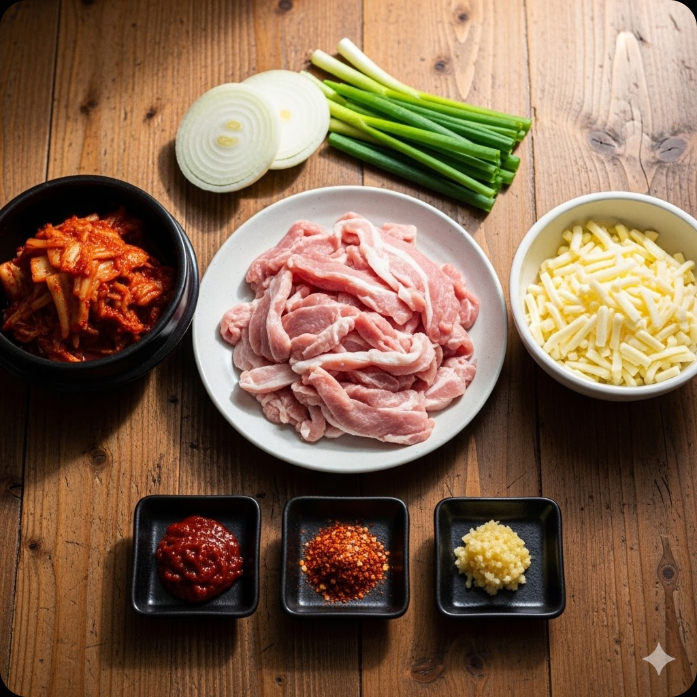 김치즈 제육볶음 만들기에 필요한 신선한 재료들