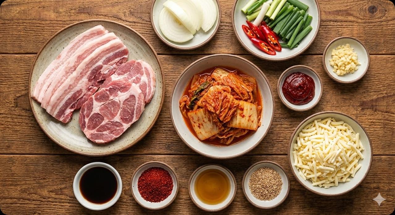 김치즈 제육볶음 만들기에 필요한 신선한 재료들