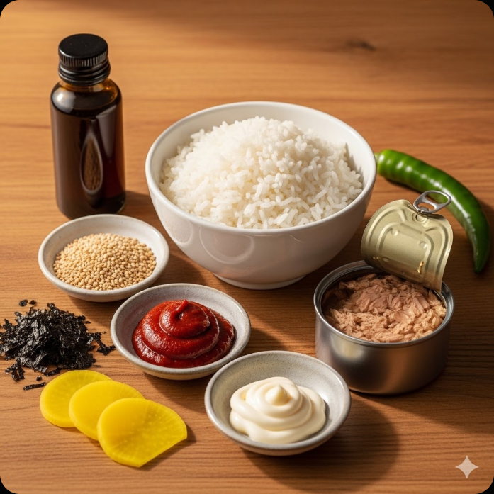 고추장 참치마요 주먹밥 만들기에 필요한 신선한 재료들