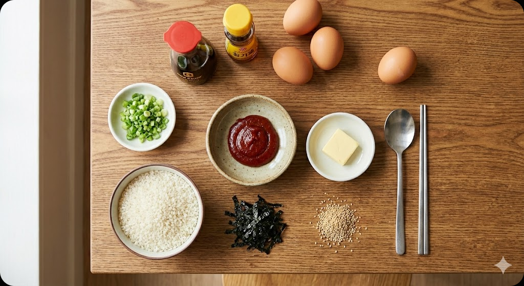 고추장 버터 계란밥 만들기에 필요한 신선한 재료들