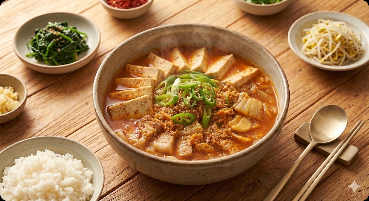 맛있게 완성되어 서빙된 돼지고기 김치찌개