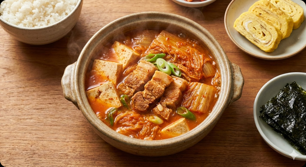 완성된 돼지고기 김치찌개의 맛있는 모습