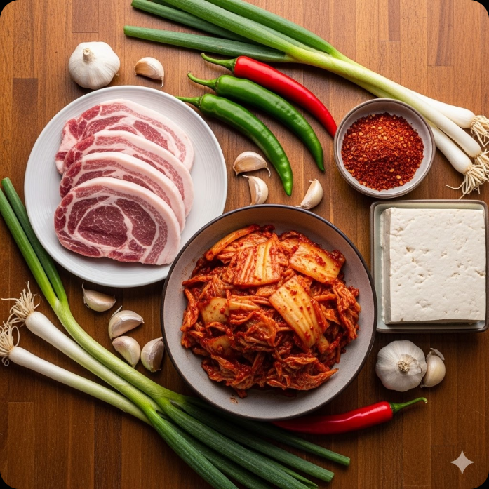 돼지고기 김치찌개 만들기에 필요한 신선한 재료들
