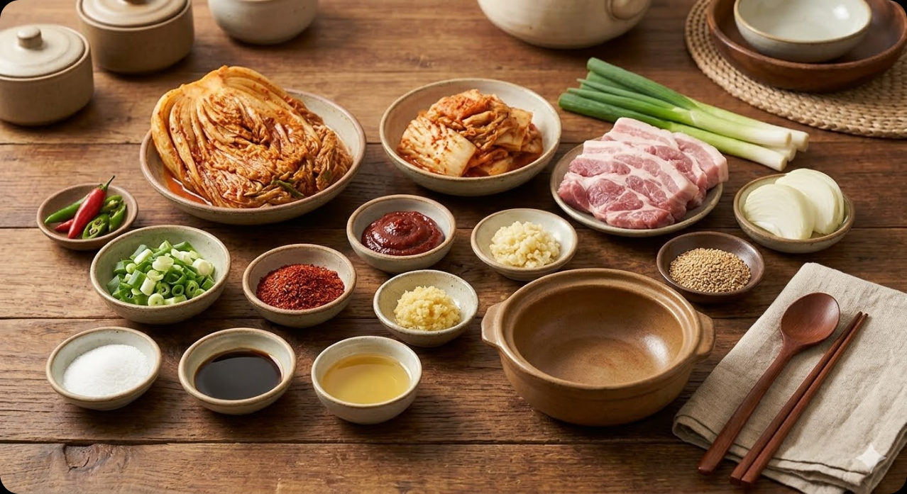 돼지고기 김치찜 만들기에 필요한 신선한 재료들
