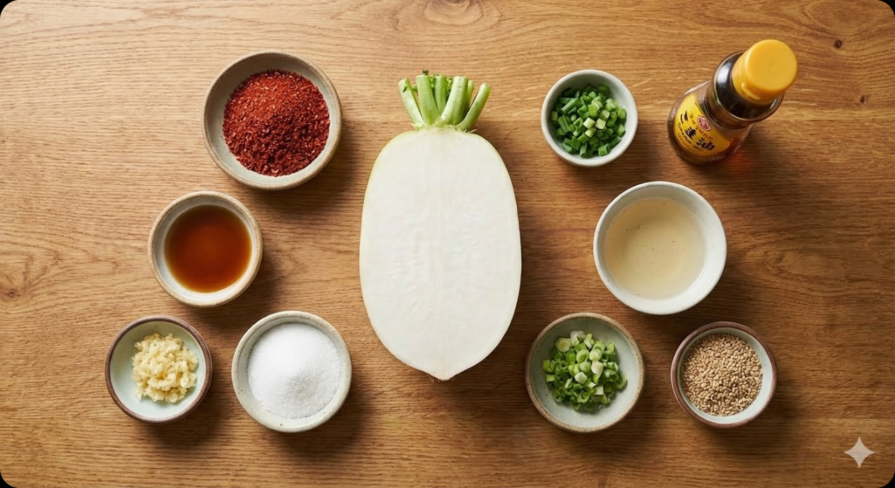 무생채 만들기에 필요한 신선한 재료들