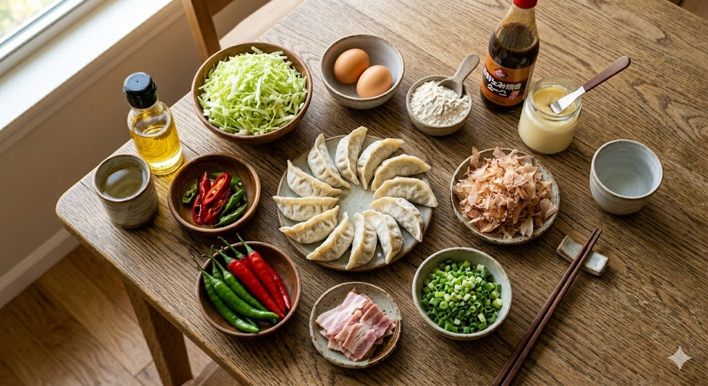 Fresh ingredients needed for Frozen Mandu Okonomiyaki