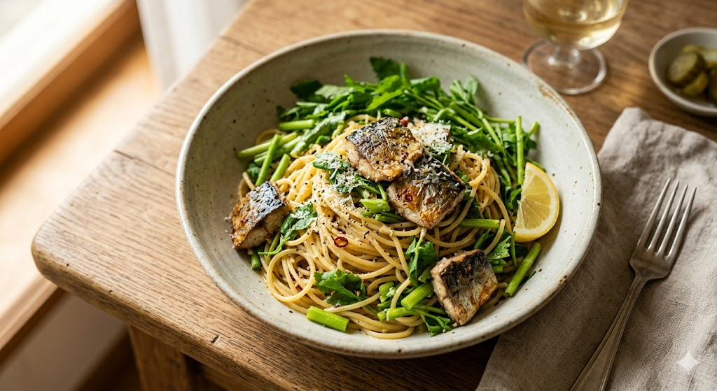 A delicious view of the finished Mackerel Minari Pasta