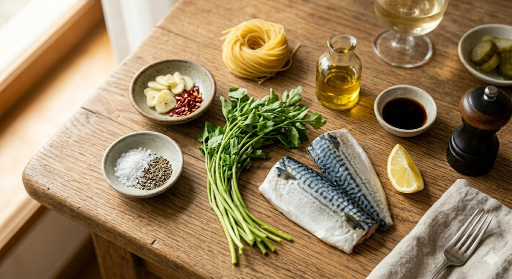Fresh ingredients needed for Mackerel Minari Pasta