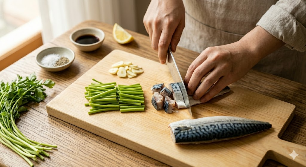 Step 1 of the Mackerel Minari Pasta cooking process