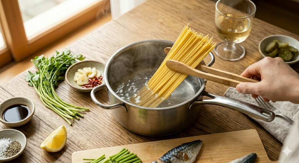 Step 2 of the Mackerel Minari Pasta cooking process