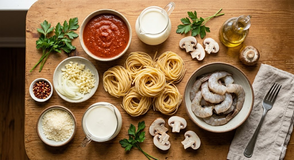 Fresh ingredients for making Shrimp Rose Pasta