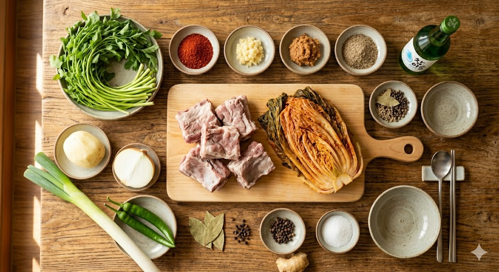 Fresh ingredients needed for making Minari Mugeunji Deungppyeojjim