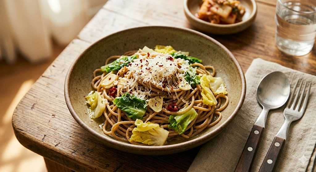 Delicious looking finished Bomdong Whole Wheat Pasta